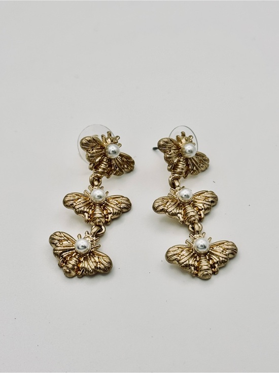 Modern Canvas Jewelry - Gold Bee Drop Earrings with Pearl Detail - New